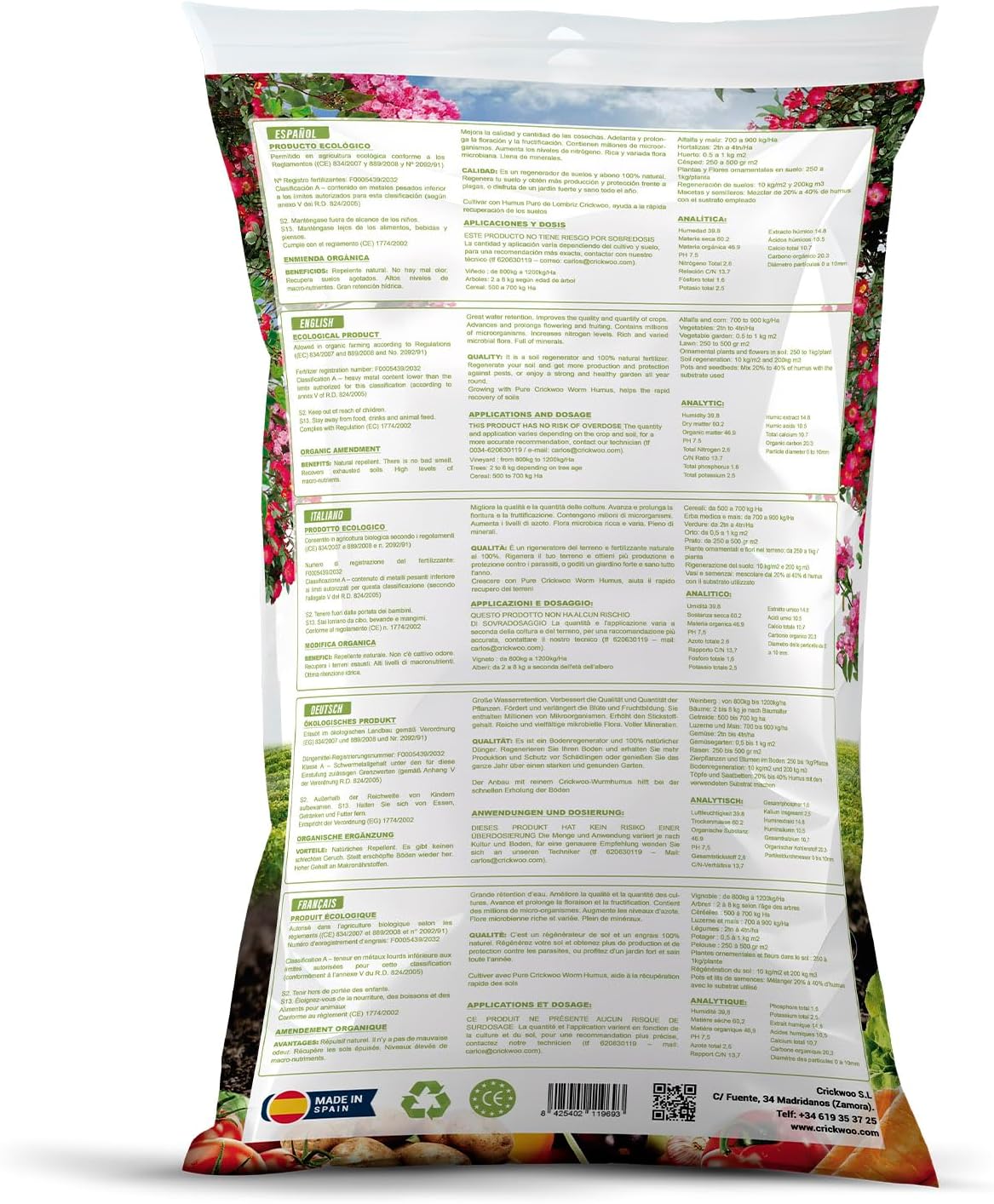CRICKWOO Humus de Lombriz Puro - Abono Natural Orgánico 42L / 25KG