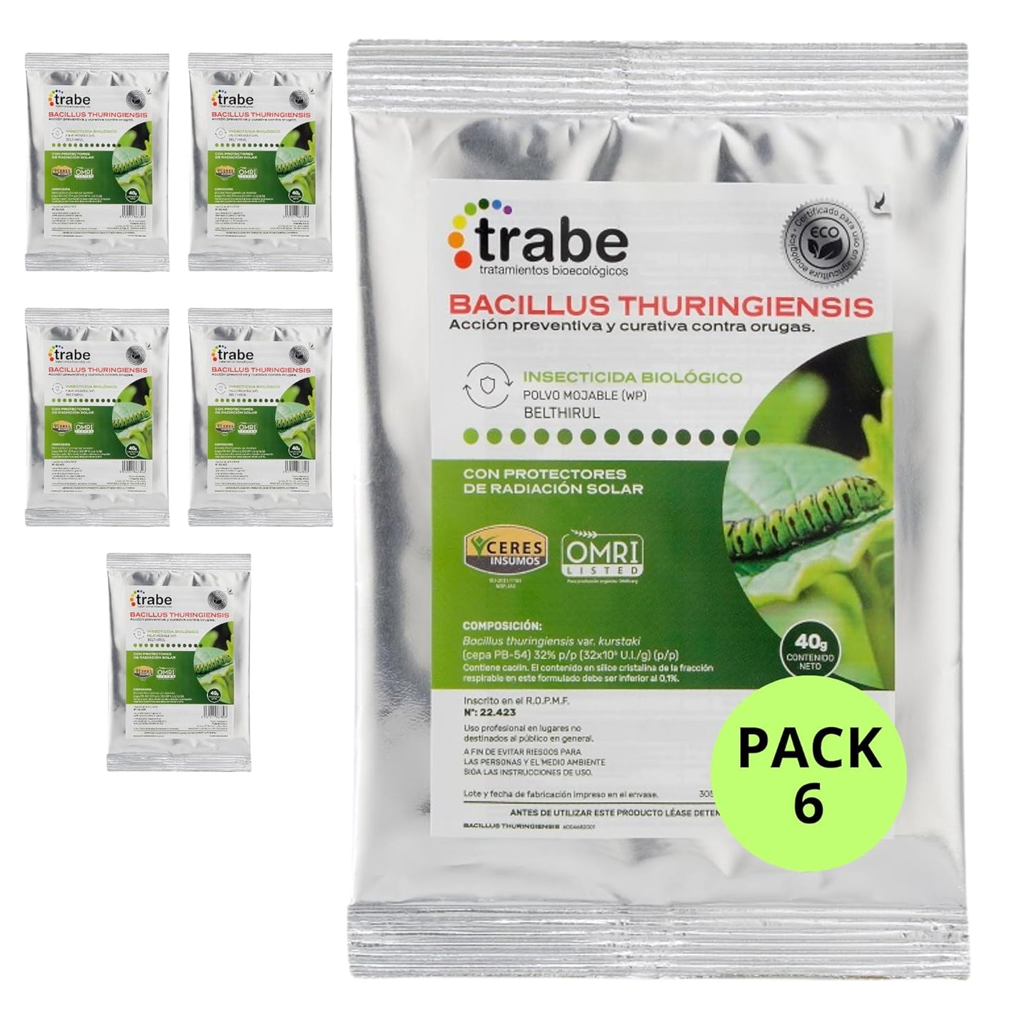 TRABE Pack 6 Bacillus Thuringiensis 40g - Protección Ecológica contra Orugas