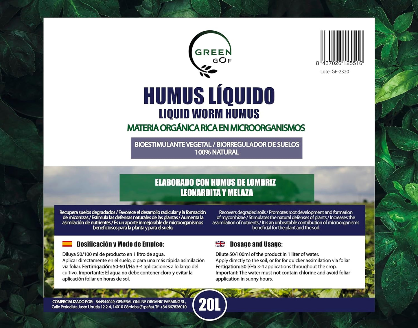 Humus Líquido de Lombriz Premium 20L - Enriquecido con Leonardita y Melaza