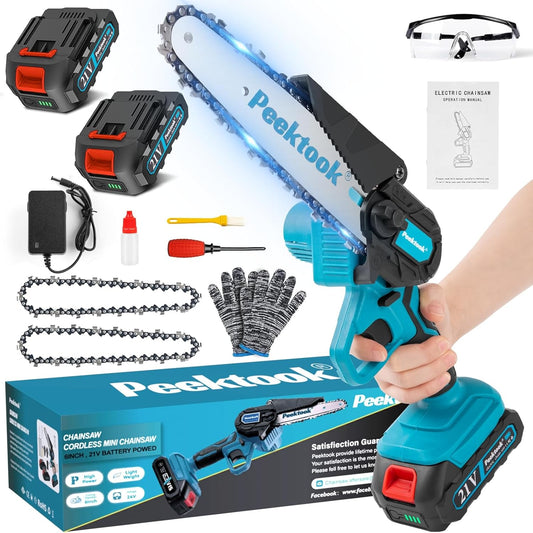 Mini Motosierra Batería 6 Pulgadas Peektook - 2 Baterías de Gran Capacidad y 2 Cadenas