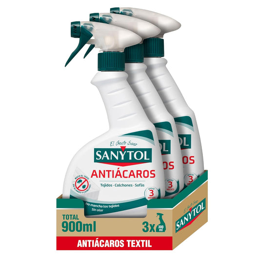 Sanytol Spray Antiácaros - Mata Ácaros y Chinches, Pack 3 x 300 ml (900 ml)